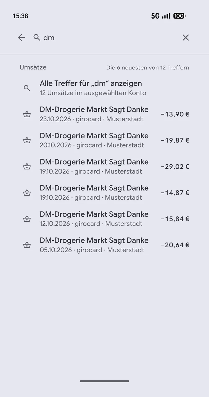 Die Suche in Girovo: alle Umsätze bei „dm“ mit Datum, Zahlungsart und Betrag.